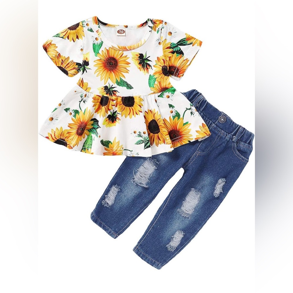 CARETOO Baby Girl Floral Short Sleeve Pant Set Flower Ruffle Top size: 12-18 mo